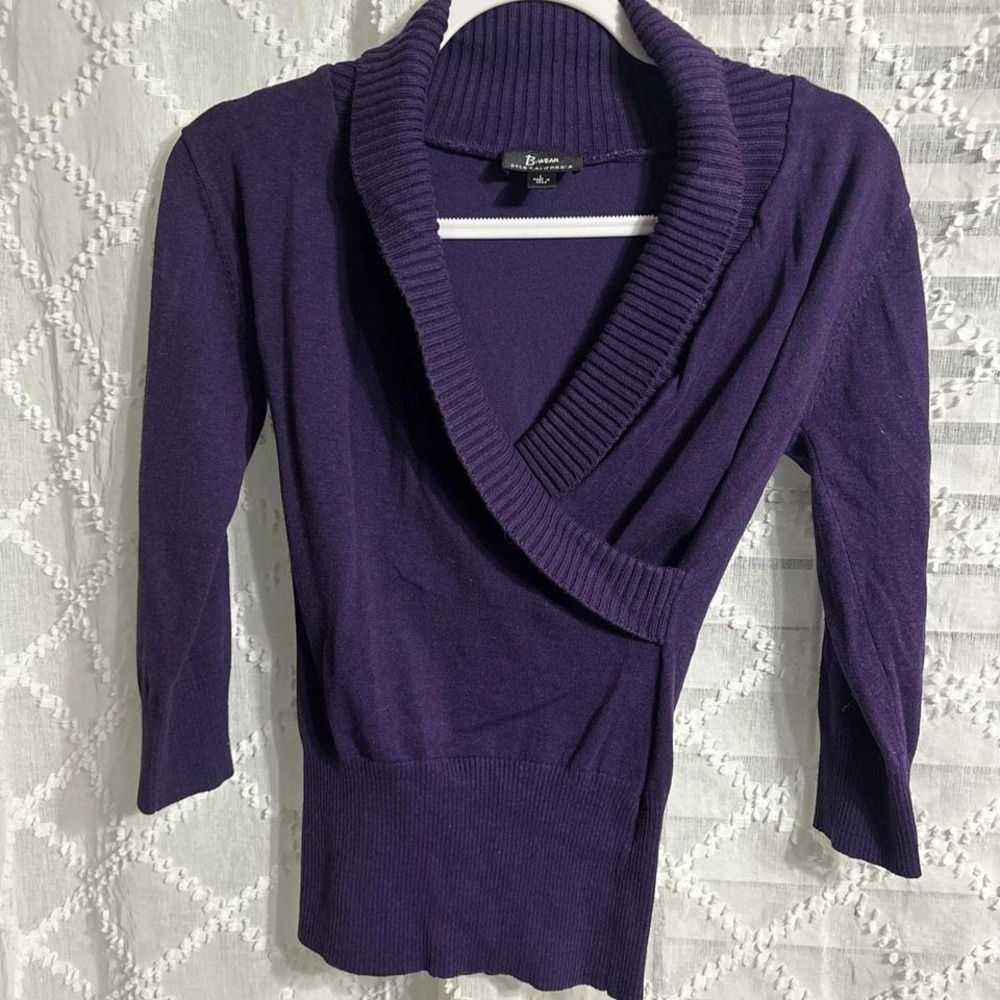 Purple 3/4 sleeve sweater with wrap‎ detail